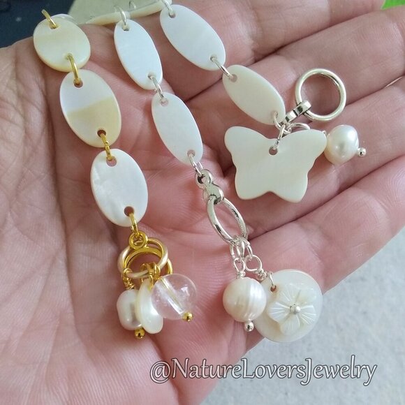 Genuine + Natural Mother of Pearl (MOP) Pearls + Quartz! Feminine Girly Bracelet - Picture 8 of 9